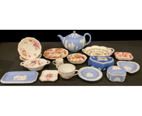 A Wedgwood Jasperware teapot, heart shaped cobalt trinket pot and cover, other Jasperware trinket pots and dishes; a Royal Cr