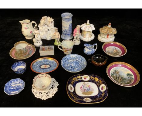 A Prattware rectangular box and cover, printed with mother and children on a beach; a similar cup and saucer; two larger sauc