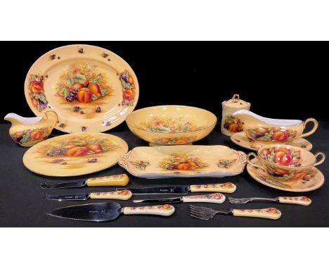 Aynsley Orchard Gold pattern fruit bowl, printed with ripe fruits, 26cm diameter, sauce boat on stand, two-handled soup on st