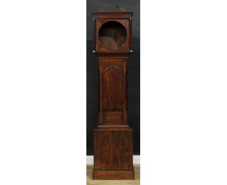 A George III/IV mahogany crossbanded oak longcase clock case, 213cm high, 51cm wide, 24.5cm deep, the aperture 35cm diameter,