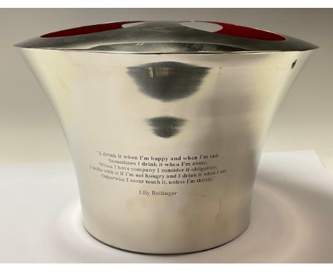 A contemporary Bollinger three bottle champagne cooler,  inscribed with Lily Bollinger quote 'I drink it when I'm happy and w