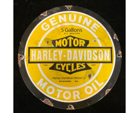 A reproduction circular enamel advertising sign, Harley-Davidson Motorcycles, 30cm diam 