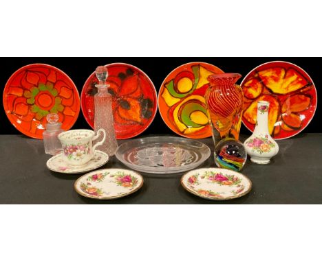 A set of four Poole plates, 20cm diameter; a studio glass vase; a frosted glass plate; Royal Albert; a glass paperweight; etc