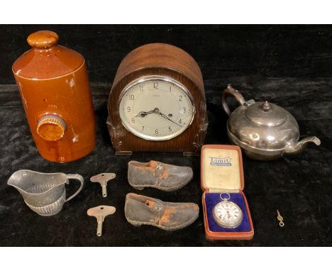 An oak mantel clock, Arabic numerals, twin winding holes, two keys; a base metal open face pocket watch, key, boxed; a pair o
