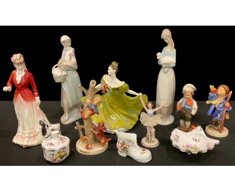 A Royal Doulton figure, Sarah HN 3384; another, Lynne HN2329; two Lladro figures, farm girls; a Goebel Hummel figure, Culprit