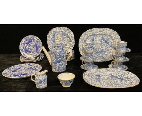 A Royal Crown Derby Blue Peacock pattern part dinner and coffee service, comprising coffee pot with lid, six coffee cans and 