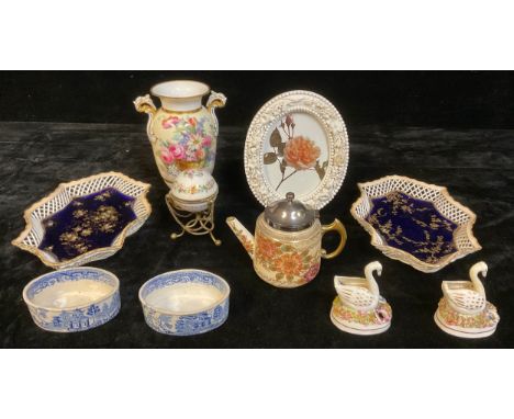 A Spode Copeland's two handled vase, painted with a basket of summer flowers, 20cm, printed mark; a pair of continental open 