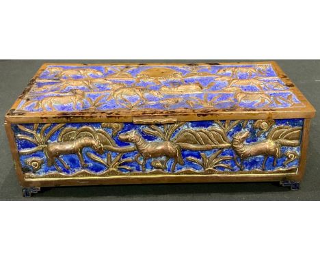 A Chinese copper and cobalt blue enamel box and cover, applied with equine motifs in relief, 18cm wide, early 20th century 