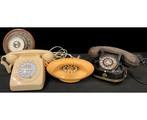 An RTT dial up telephone, RTT - 56 A; another Comdial retro dial up telephone, a reproduction; an oak aneroid wheel barometer