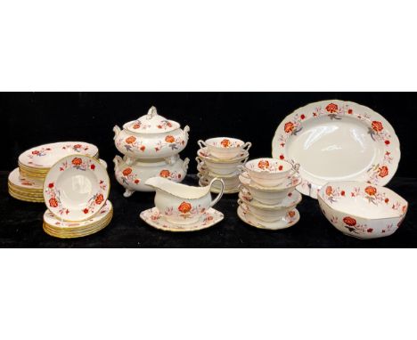 A Royal Crown Derby Bali pattern dinner service for six, comprising a pair of vegetable dishes and covers, sauce boat on stan