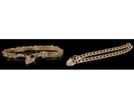 A 9ct rose gold gate link bracelet, love heart clasp, 7g; a 9ct gold cirb link bracelet, love heart clasp, 5g (2) 