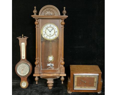 A late 20th century Woodford Vienna style wall clock; an Art Deco mantel clock; a late 20th century mahogany wheel barometer 