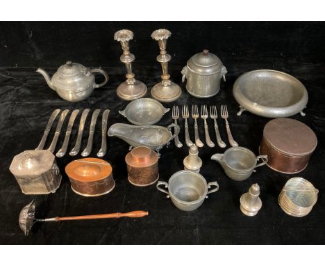A pair of Georgian Old Sheffield plate candlesticks; other Old Sheffield plate including oval tea caddy, large circular box w