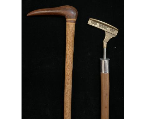 A Pitcairn Island walking cane, the handle carved as the stylised head of a bird; a ‘Sunday stick’ golf club walking cane put