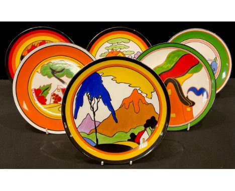 A set of six Wedgwood Clarice Cliff Bizarre reproduction collector's plates, limited editions, Fantastique Mountain, Red Roof
