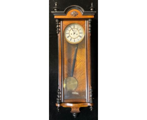 A 19th century walnut Vienna wall clock, white enamel dial, Roman numerals, twin winding holes, 113cm high 