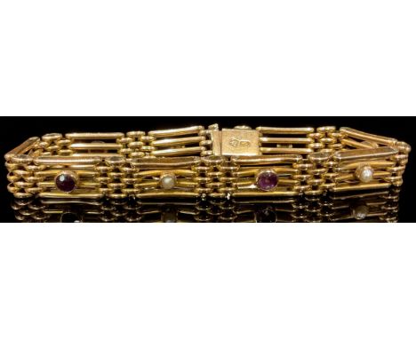 A 9ct gold gate link bracelet, each panel set with alternating amethyst and seed pearls, 18.4g 