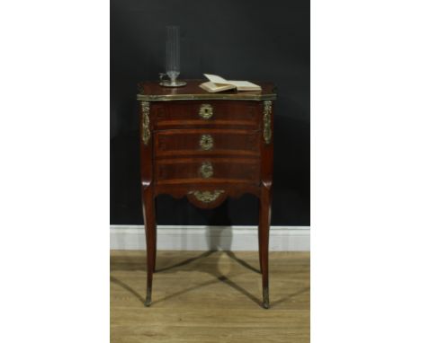 A 19th century French gilt metal mounted inverted bowfront table de nuit, hinged top above a door, shaped apron, cabriole leg