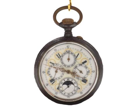 Swiss Goliath calendar gunmetal lever pocket watch, the white dial with Roman numeral roundels and Arabic minute chapter, the