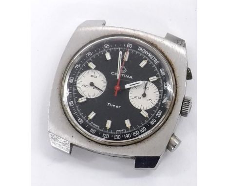 Certina Timer chronograph stainless steel gentleman's bracelet watch, black dial with subsidiary silvered dials, red chronogr