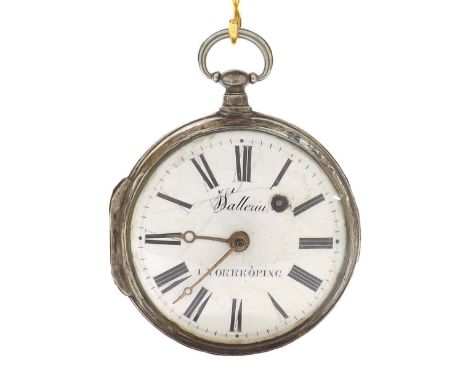 Swedish silver verge pocket watch, gilt fusee movement with pierced balance bridge and regulating indicator, the enamel dial 