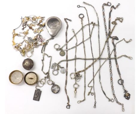 Selection of silver and metal pocket watch Alberts, pocket watch protective case, assortment of keys, brass cased pocket comp