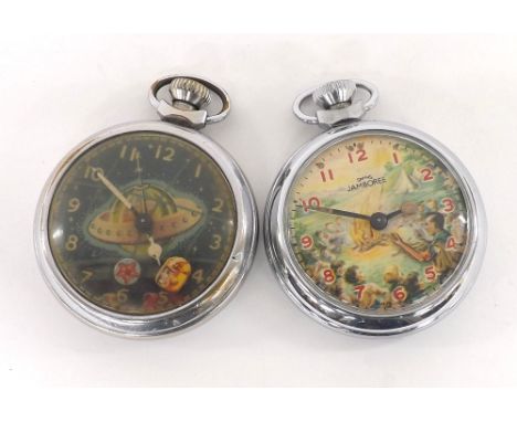 Smiths Jamboree chrome cased automaton pocket watch, 51mm (at fault); together with a further chrome cased automaton pocket w