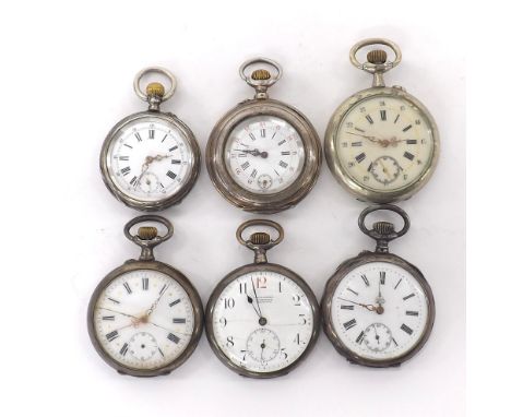 Six silver white metal pocket watches, two cases engraved with horses, the other examples with foliate and engine turned desi