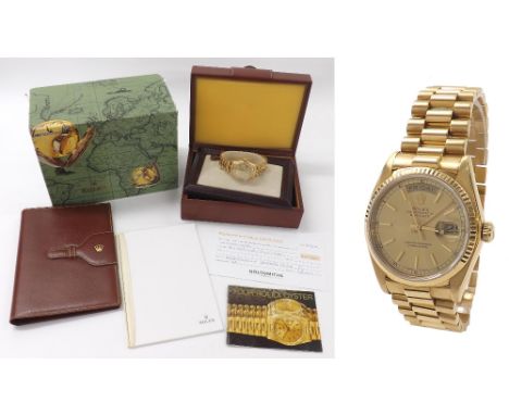 Rolex Oyster Perpetual 18ct Day-Date gentleman's bracelet watch, ref. 18038, circa 1980, serial no. 665xxxx, the champagne di
