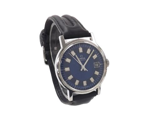 Omega automatic stainless steel gentleman's wristwatch, ref. 1660098, circa 1971, blue dial with hour markers, outer minute m