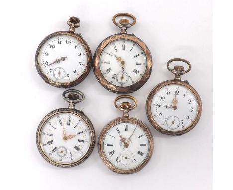 Five similar Continental silver and gold plated cylinder pocket watches, each with engraved and engine turned cases depicting
