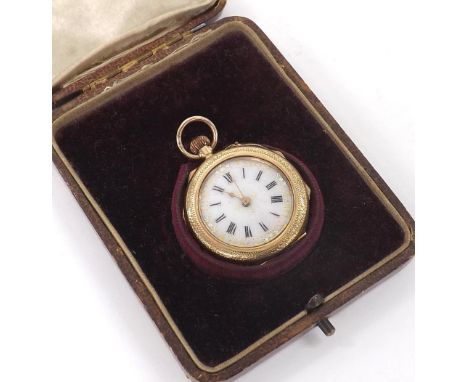 9ct and enamel cylinder fob watch, 21.1gm, 30mm, cased (at fault)