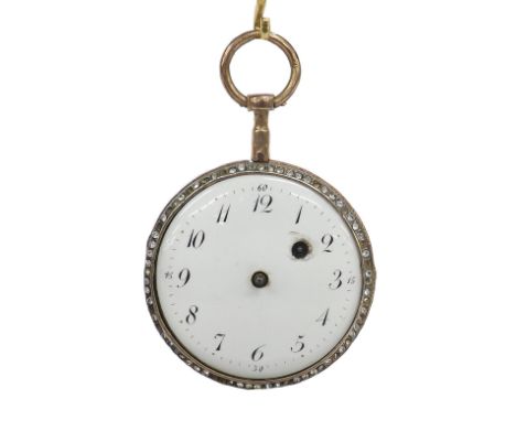 Continental gilt metal fusee verge enamel and paste set pocket watch, the frosted movement with pierced balance bridge and si