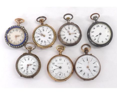 Seven assorted fob watches to include an enamel and pearl, two gold, Waltham gold plated, Niello, silver and gold plated exam