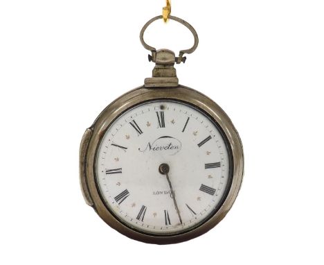 Fusee verge pair cased white metal pocket watch, signed Nieveten, London, the movement with a hinged silver cover with pierce