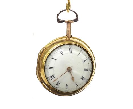 George III English 22ct cylinder pair cased pocket watch, London 1775, signed Ellicott (Edward), London, no. 5777, fusee move