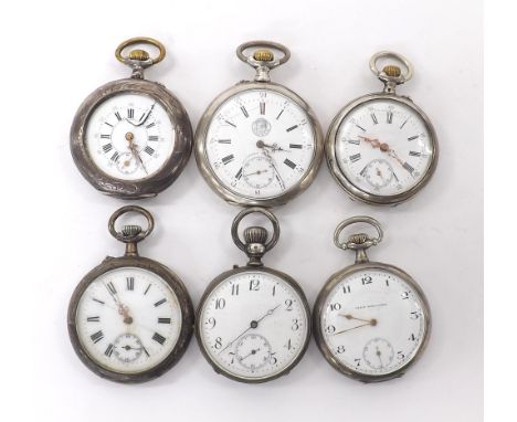 Six various Continental silver pocket watches, with engine turned and foliate cases, the largest 52mm diameter (faults) (6)