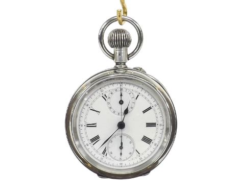 Silver (0.935) chronograph lever pocket watch, frosted movement with compensated balance and regulator, the dial with Roman n