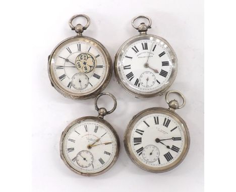 Four silver engine turned lever pocket watches (4)