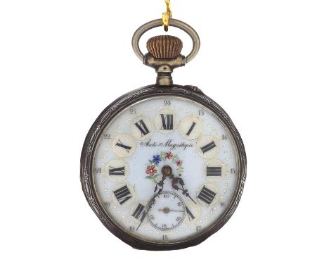 Continental silver lever pocket watch, the ornate foliate enamel dial with raised Roman numeral roundels, outer Arabic chapte