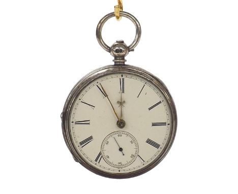 Silver fusee lever pocket watch, Chester 1872, unsigned movement, no. 1561, engine turned case, 52mm - Condition Report: - Mo