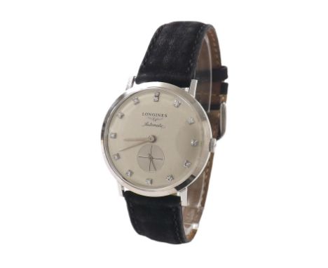 Longines 14k white gold automatic gentleman's wristwatch, ref. 1026, circa 1956, no. 457342, silvered dial with diamond marke