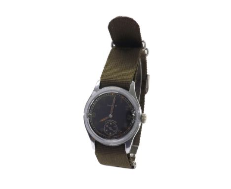 Timor British Military Army issue mid-size gentleman's wristwatch, signed black dial with Arabic numerals, outer minute track