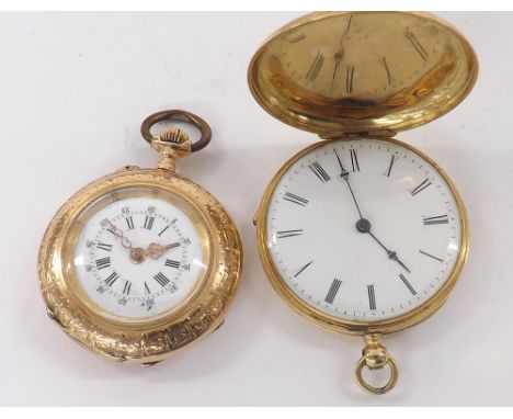 Swiss 18k cylinder hunter fob watch in an engine turned case, 27.2gm, 34mm; together with an 18k cylinder fob watch for repai