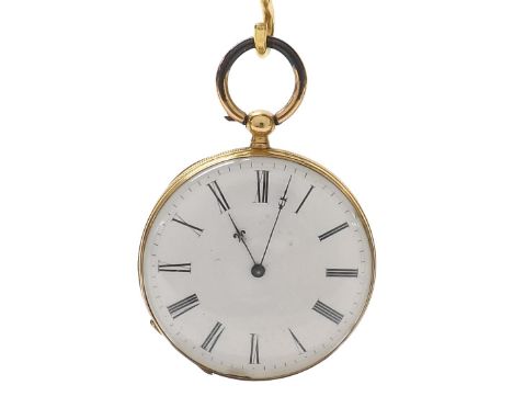 Continental 18k cylinder pocket watch, unsigned gilt frosted bar movement, the dial with Roman numerals, engine turned foliat