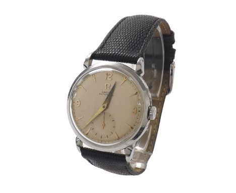 Omega automatic 'bumper' stainless steel gentleman's wristwatch, ref. 2402-8, circa 1954, silvered dial with gilt quarter Ara