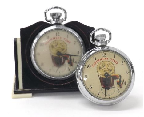 Guinness Time chrome cased pocket watch, with automaton toucan, within a pocket watch display stand, 51mm (at fault); togethe