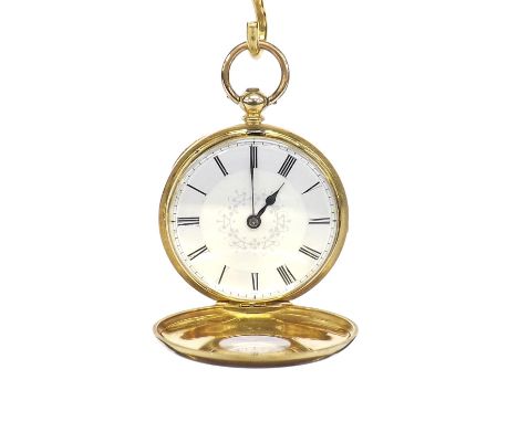 Swiss 18k hunter fob watch, unsigned gilt bar cylinder movement, the foliate dial with Roman numerals, polished case with a p