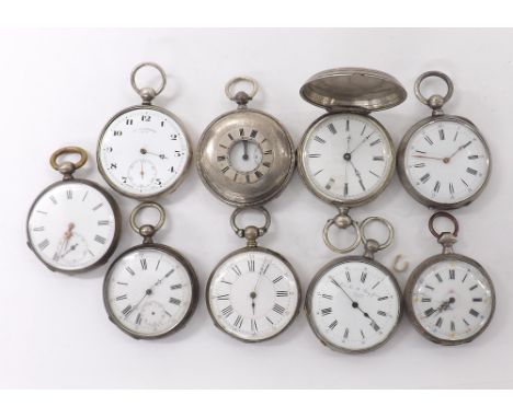 Collection of nine Continental silver key wind fob/pocket watches, including one half hunter example, with various engraved a