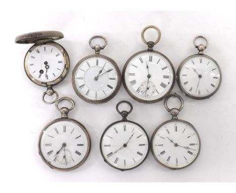 Collection of seven Continental silver small pocket watches with foliate engraved and engine turned cases, the largest 46mm d
